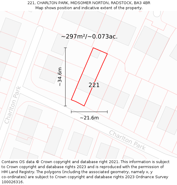221, CHARLTON PARK, MIDSOMER NORTON, RADSTOCK, BA3 4BR: Plot and title map