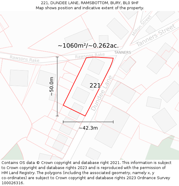 221, DUNDEE LANE, RAMSBOTTOM, BURY, BL0 9HF: Plot and title map