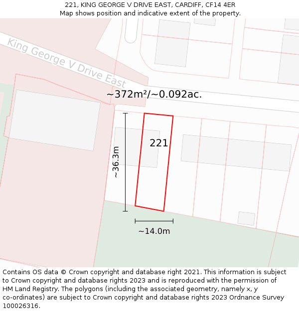 221, KING GEORGE V DRIVE EAST, CARDIFF, CF14 4ER: Plot and title map