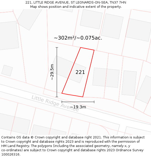 221, LITTLE RIDGE AVENUE, ST LEONARDS-ON-SEA, TN37 7HN: Plot and title map