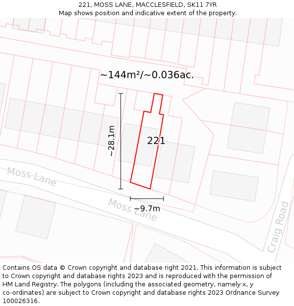 221, MOSS LANE, MACCLESFIELD, SK11 7YR: Plot and title map