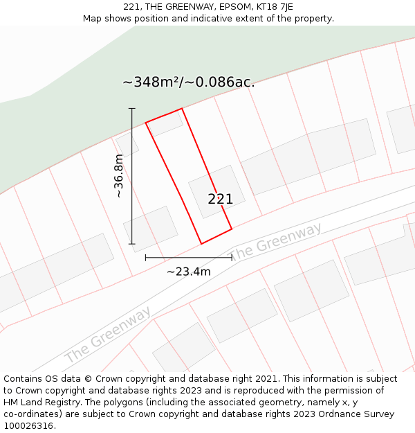 221, THE GREENWAY, EPSOM, KT18 7JE: Plot and title map