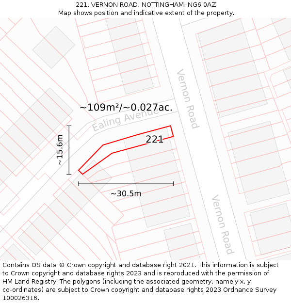 221, VERNON ROAD, NOTTINGHAM, NG6 0AZ: Plot and title map