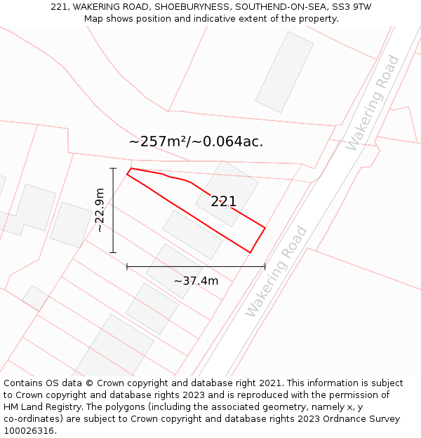 221, WAKERING ROAD, SHOEBURYNESS, SOUTHEND-ON-SEA, SS3 9TW: Plot and title map