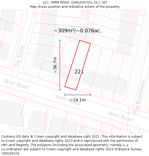 221, YARM ROAD, DARLINGTON, DL1 1EF: Plot and title map