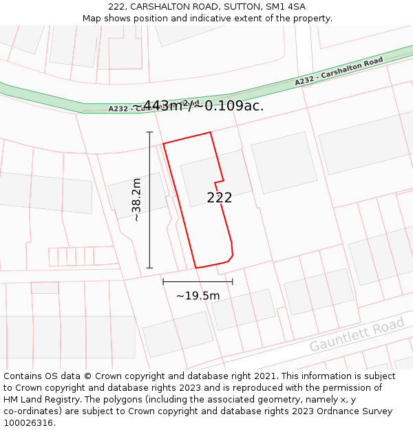 222, CARSHALTON ROAD, SUTTON, SM1 4SA: Plot and title map