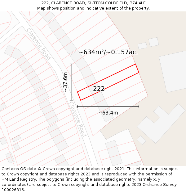 222, CLARENCE ROAD, SUTTON COLDFIELD, B74 4LE: Plot and title map