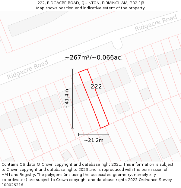 222, RIDGACRE ROAD, QUINTON, BIRMINGHAM, B32 1JR: Plot and title map