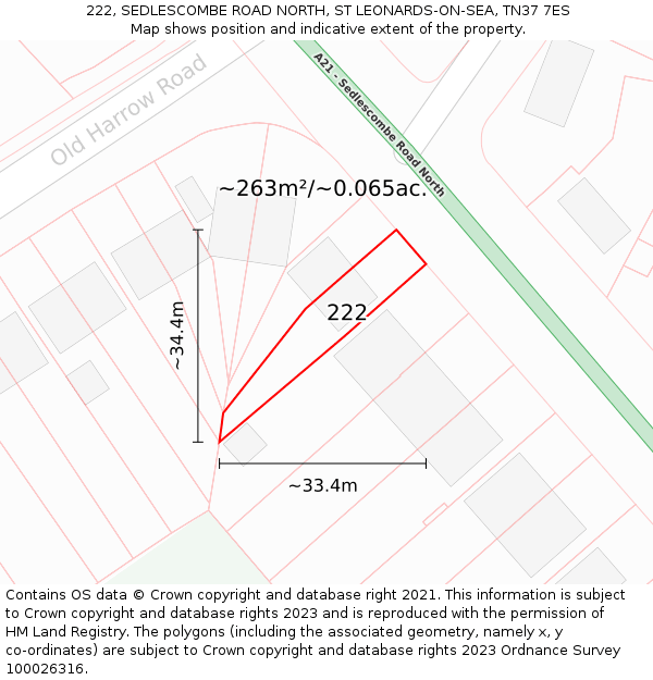 222, SEDLESCOMBE ROAD NORTH, ST LEONARDS-ON-SEA, TN37 7ES: Plot and title map