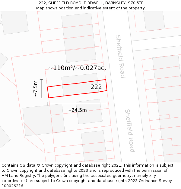 222, SHEFFIELD ROAD, BIRDWELL, BARNSLEY, S70 5TF: Plot and title map