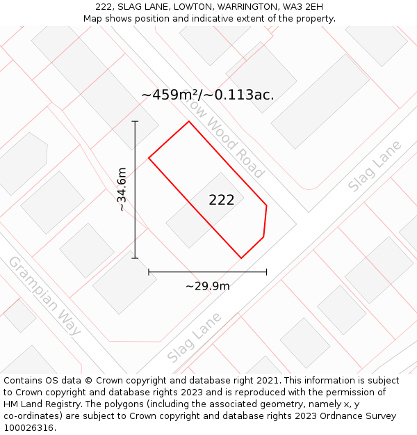 222, SLAG LANE, LOWTON, WARRINGTON, WA3 2EH: Plot and title map