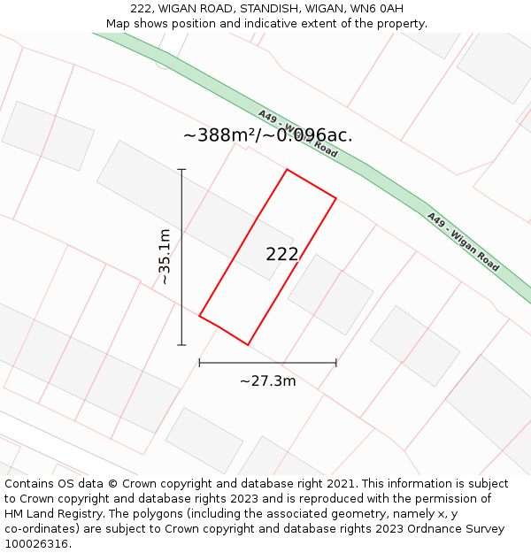 222, WIGAN ROAD, STANDISH, WIGAN, WN6 0AH: Plot and title map