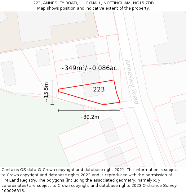 223, ANNESLEY ROAD, HUCKNALL, NOTTINGHAM, NG15 7DB: Plot and title map