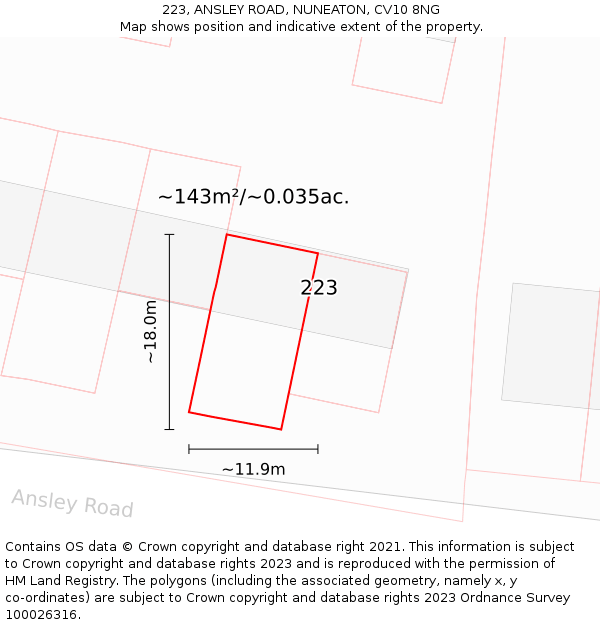 223, ANSLEY ROAD, NUNEATON, CV10 8NG: Plot and title map