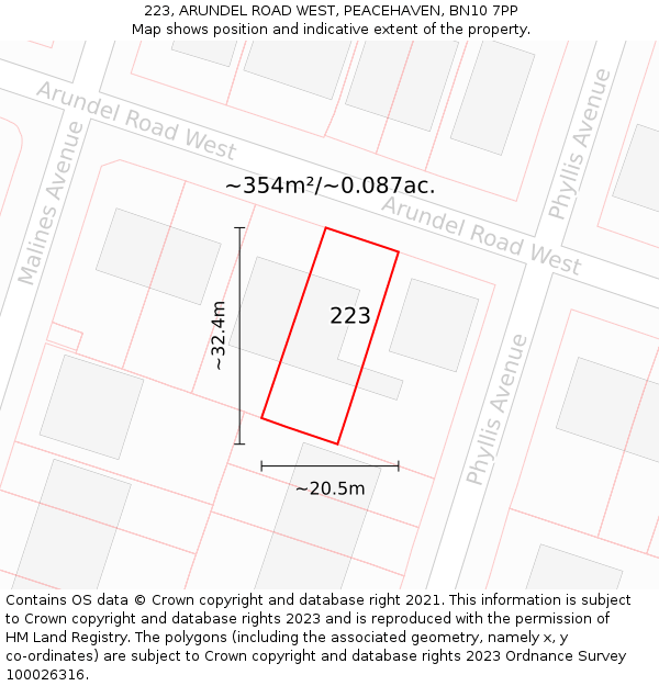 223, ARUNDEL ROAD WEST, PEACEHAVEN, BN10 7PP: Plot and title map