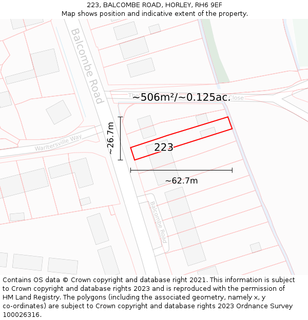 223, BALCOMBE ROAD, HORLEY, RH6 9EF: Plot and title map