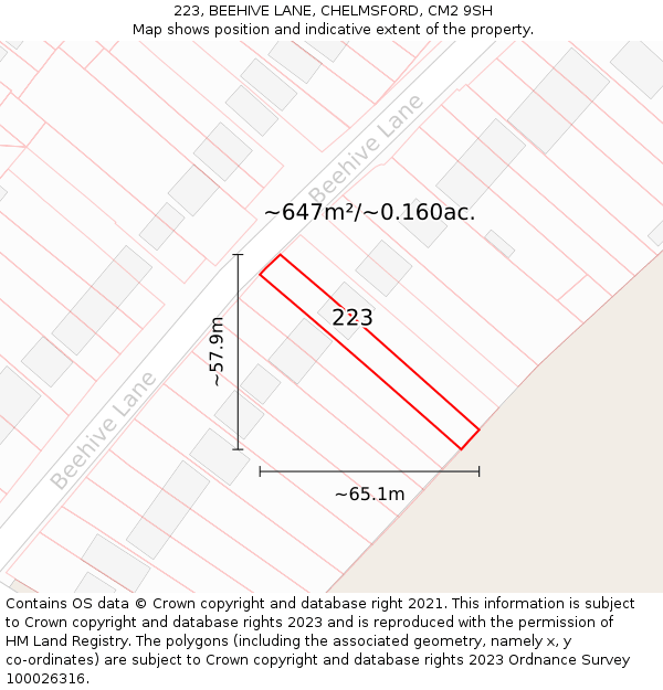 223, BEEHIVE LANE, CHELMSFORD, CM2 9SH: Plot and title map