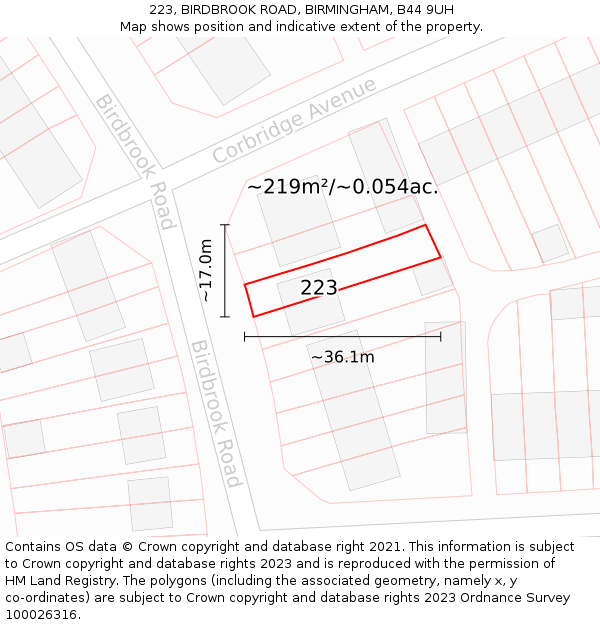 223, BIRDBROOK ROAD, BIRMINGHAM, B44 9UH: Plot and title map