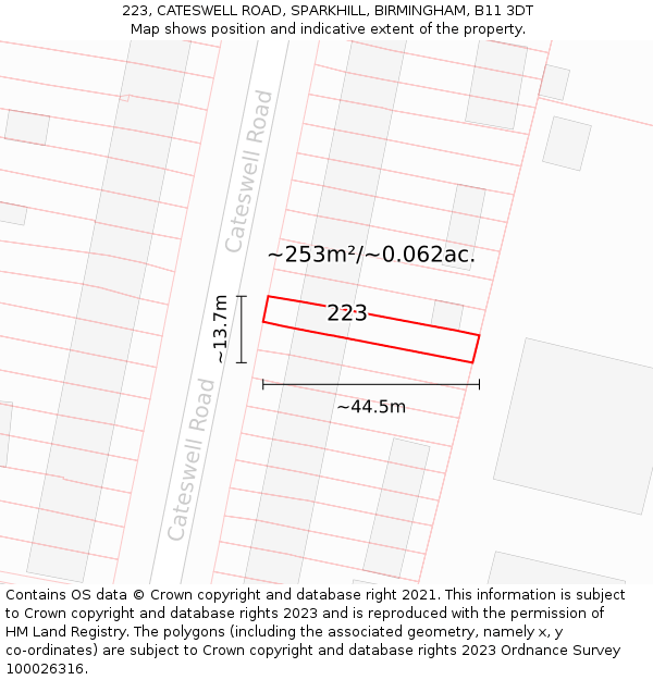 223, CATESWELL ROAD, SPARKHILL, BIRMINGHAM, B11 3DT: Plot and title map