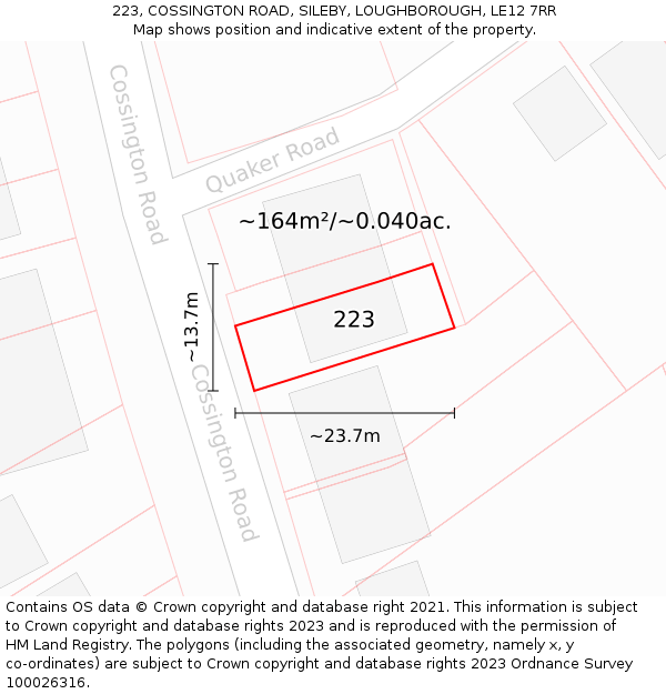 223, COSSINGTON ROAD, SILEBY, LOUGHBOROUGH, LE12 7RR: Plot and title map