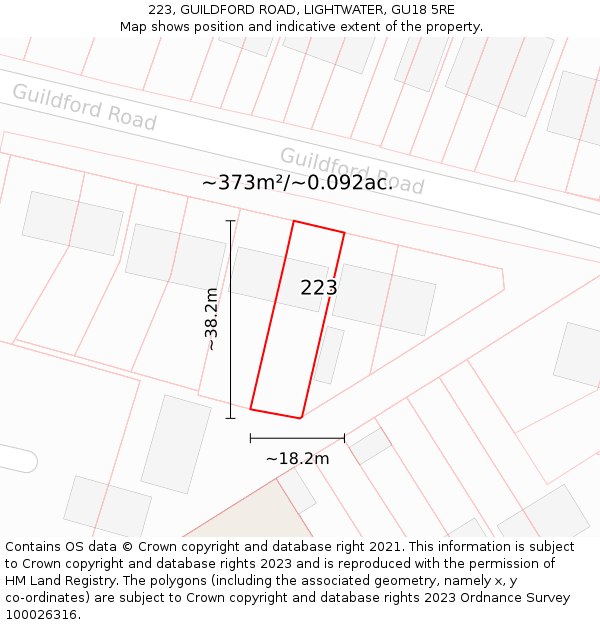 223, GUILDFORD ROAD, LIGHTWATER, GU18 5RE: Plot and title map