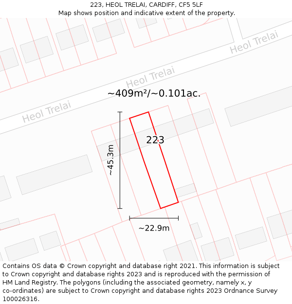 223, HEOL TRELAI, CARDIFF, CF5 5LF: Plot and title map