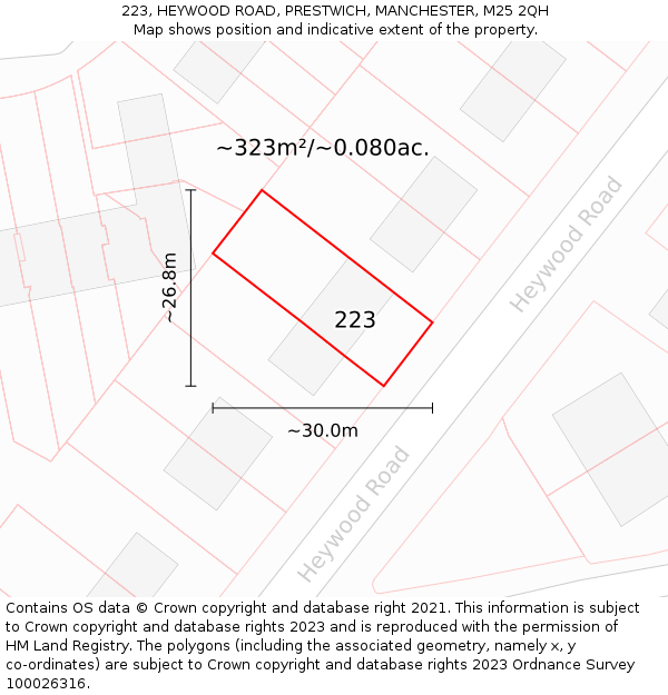 223, HEYWOOD ROAD, PRESTWICH, MANCHESTER, M25 2QH: Plot and title map