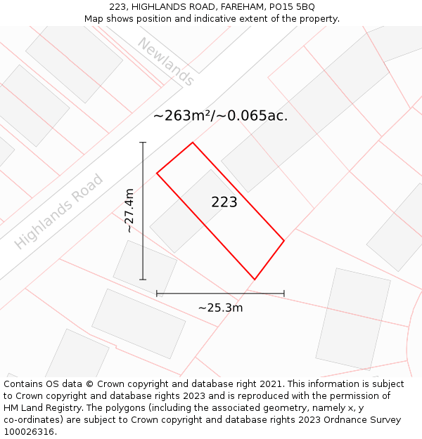 223, HIGHLANDS ROAD, FAREHAM, PO15 5BQ: Plot and title map