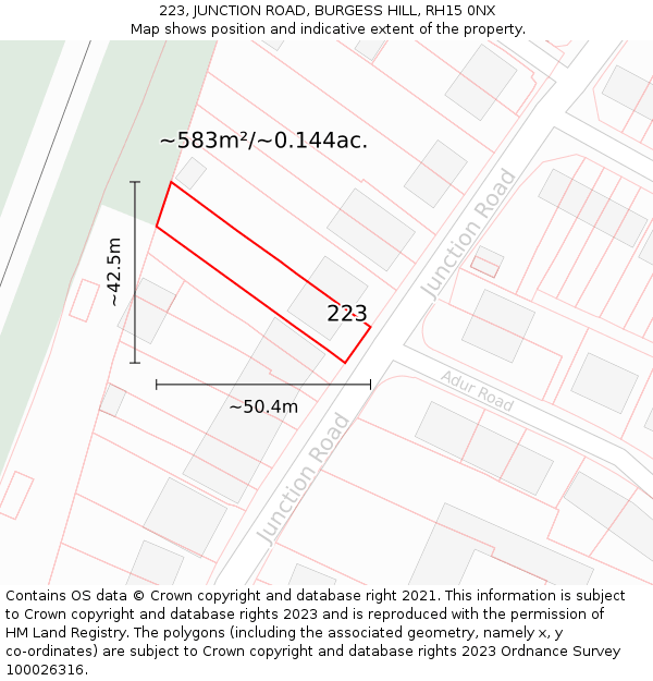 223, JUNCTION ROAD, BURGESS HILL, RH15 0NX: Plot and title map