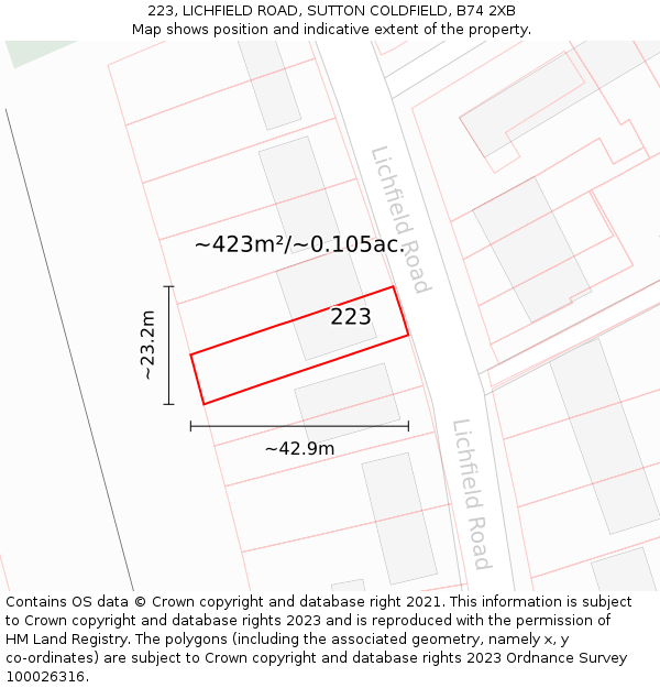 223, LICHFIELD ROAD, SUTTON COLDFIELD, B74 2XB: Plot and title map