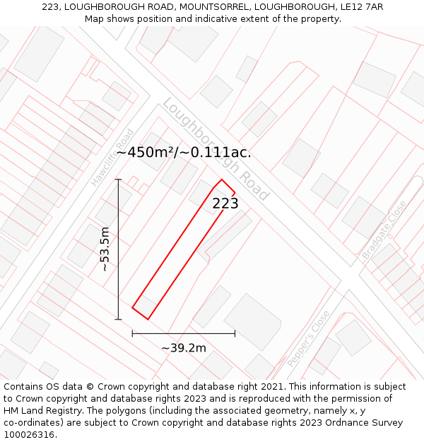 223, LOUGHBOROUGH ROAD, MOUNTSORREL, LOUGHBOROUGH, LE12 7AR: Plot and title map