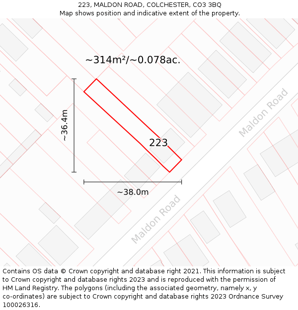 223, MALDON ROAD, COLCHESTER, CO3 3BQ: Plot and title map