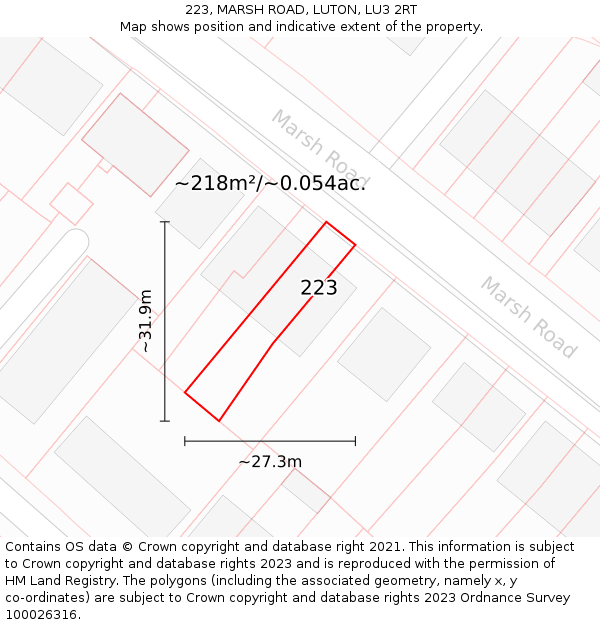 223, MARSH ROAD, LUTON, LU3 2RT: Plot and title map