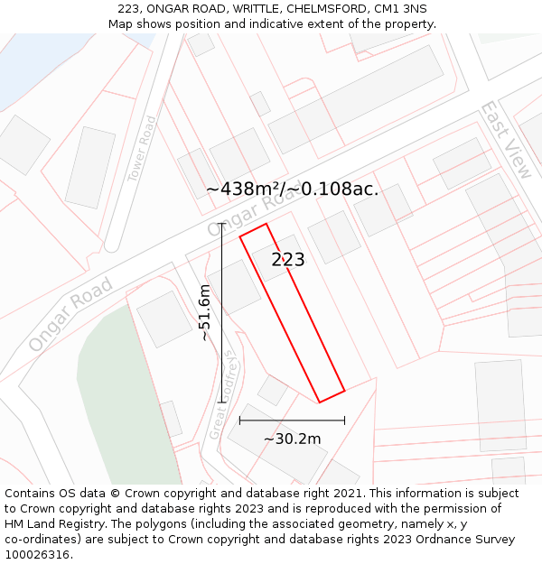 223, ONGAR ROAD, WRITTLE, CHELMSFORD, CM1 3NS: Plot and title map