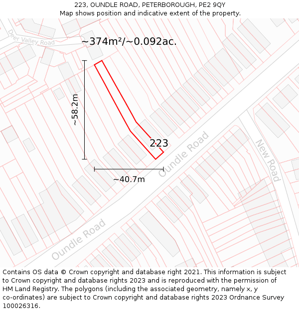 223, OUNDLE ROAD, PETERBOROUGH, PE2 9QY: Plot and title map