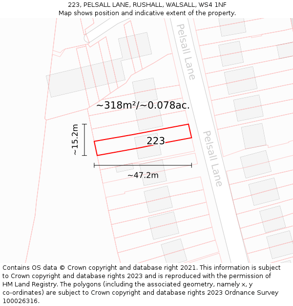 223, PELSALL LANE, RUSHALL, WALSALL, WS4 1NF: Plot and title map