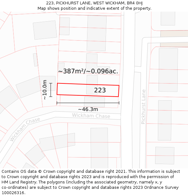 223, PICKHURST LANE, WEST WICKHAM, BR4 0HJ: Plot and title map