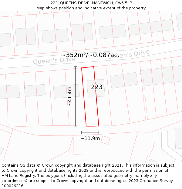 223, QUEENS DRIVE, NANTWICH, CW5 5LB: Plot and title map