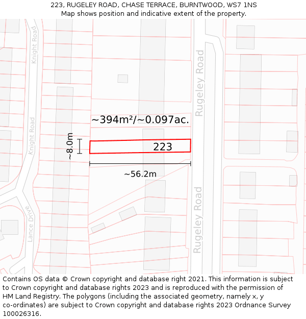 223, RUGELEY ROAD, CHASE TERRACE, BURNTWOOD, WS7 1NS: Plot and title map