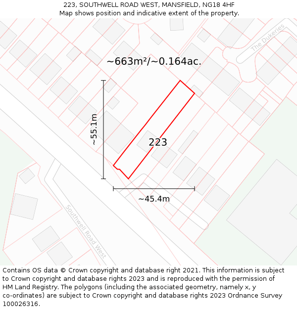 223, SOUTHWELL ROAD WEST, MANSFIELD, NG18 4HF: Plot and title map