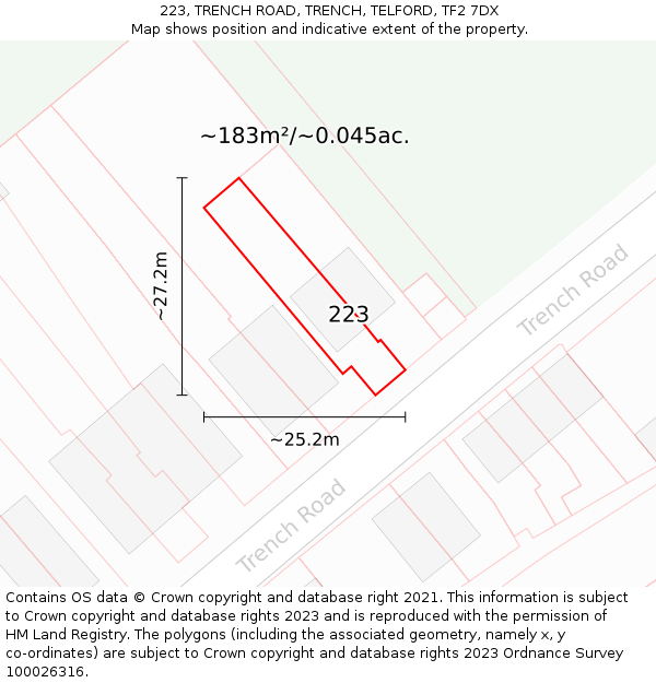 223, TRENCH ROAD, TRENCH, TELFORD, TF2 7DX: Plot and title map