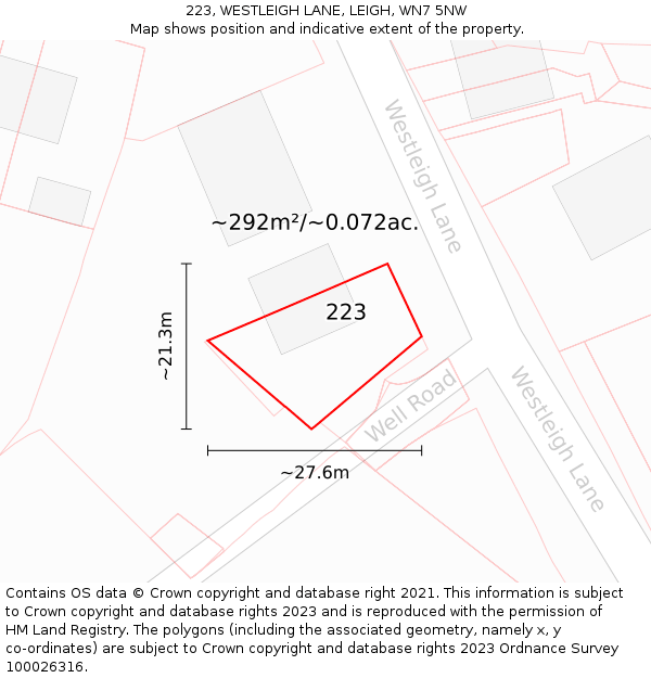 223, WESTLEIGH LANE, LEIGH, WN7 5NW: Plot and title map