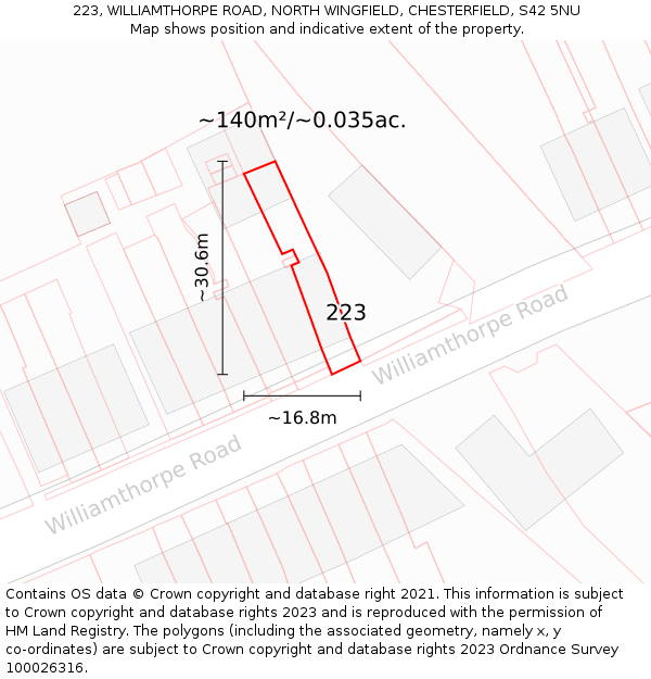 223, WILLIAMTHORPE ROAD, NORTH WINGFIELD, CHESTERFIELD, S42 5NU: Plot and title map