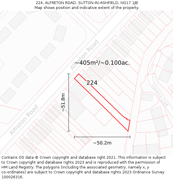 224, ALFRETON ROAD, SUTTON-IN-ASHFIELD, NG17 1JB: Plot and title map