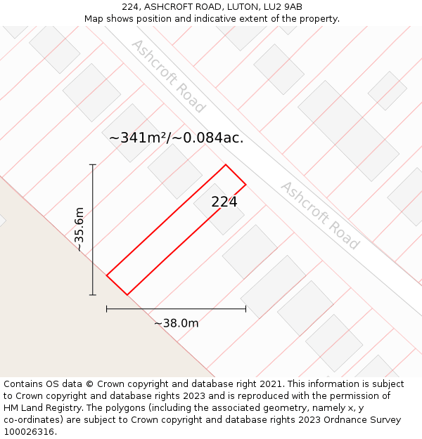 224, ASHCROFT ROAD, LUTON, LU2 9AB: Plot and title map