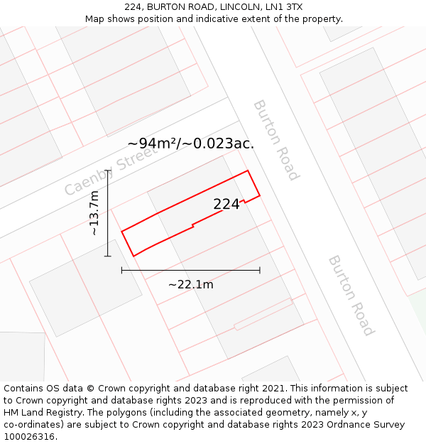 224, BURTON ROAD, LINCOLN, LN1 3TX: Plot and title map