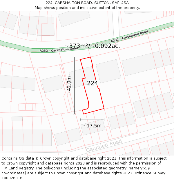 224, CARSHALTON ROAD, SUTTON, SM1 4SA: Plot and title map