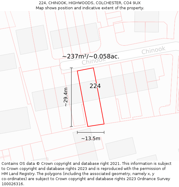 224, CHINOOK, HIGHWOODS, COLCHESTER, CO4 9UX: Plot and title map