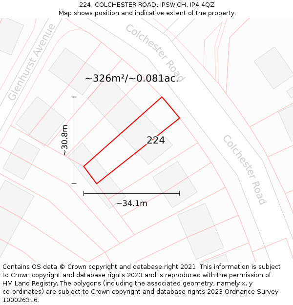 224, COLCHESTER ROAD, IPSWICH, IP4 4QZ: Plot and title map