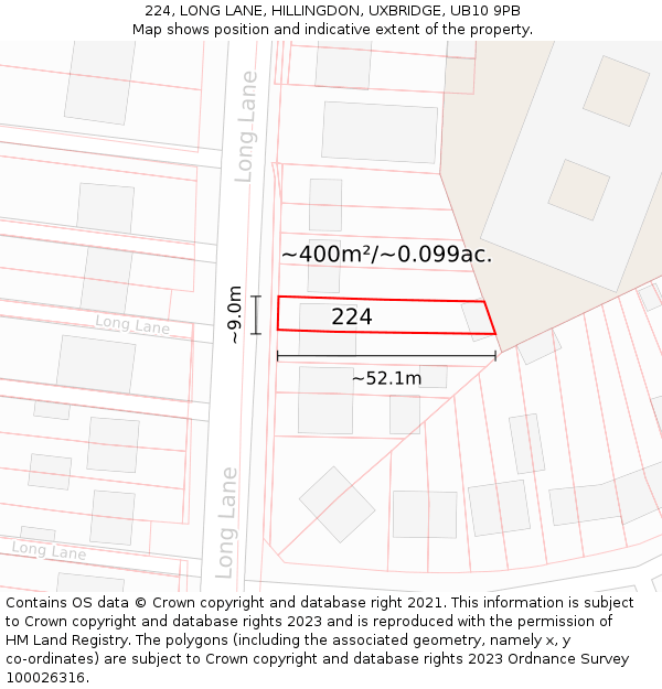 224, LONG LANE, HILLINGDON, UXBRIDGE, UB10 9PB: Plot and title map